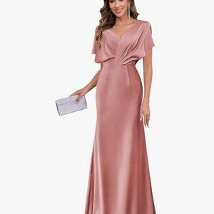 Elegant Rose Satin V-Neck Evening Dress